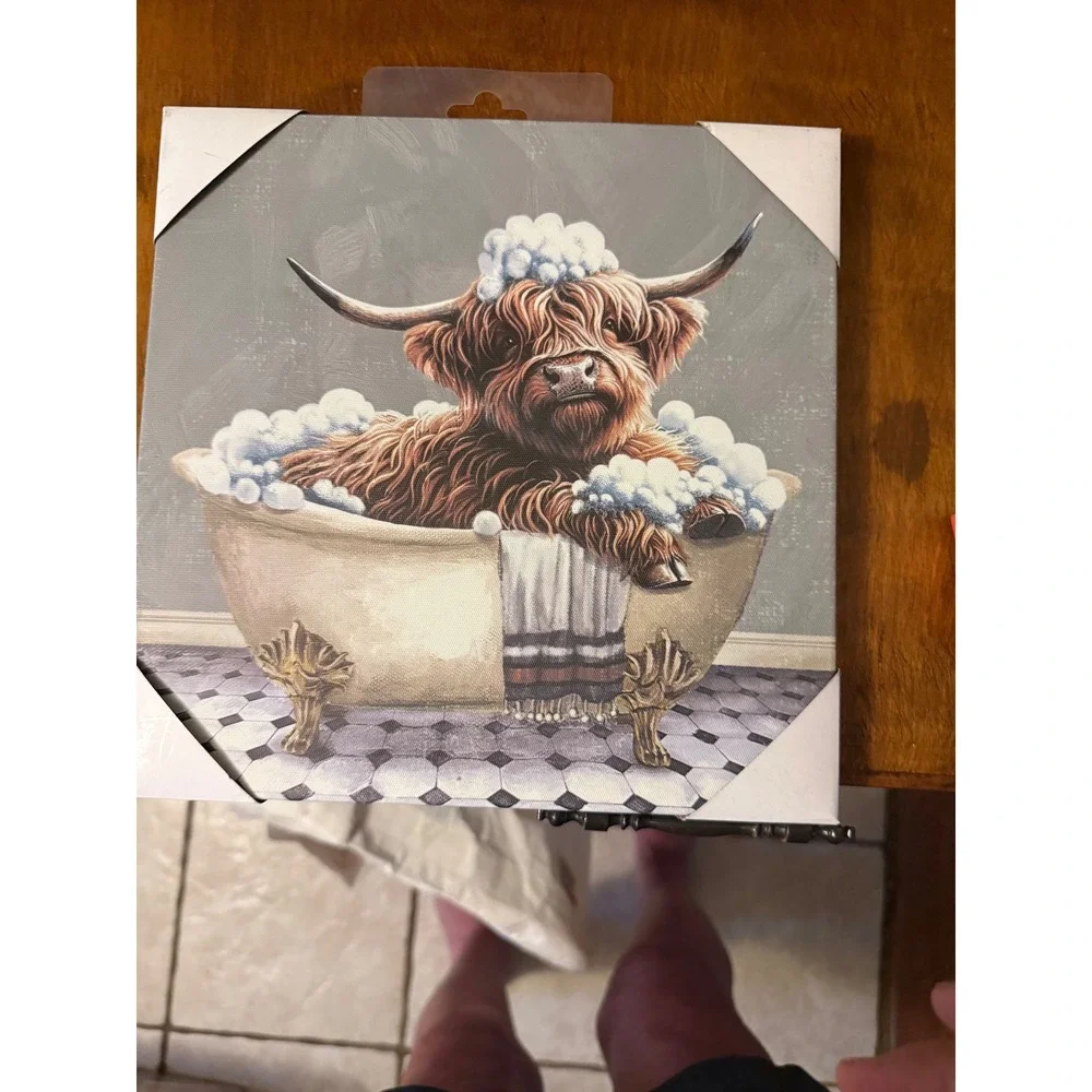Sign of the Times Pig and Highland Cow in Bathtub Canvas Wall Art Set of 2 10x10
